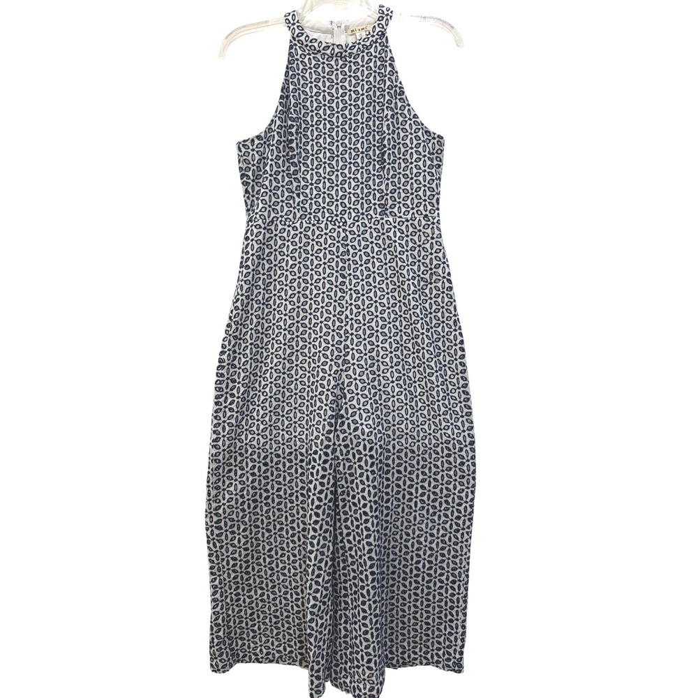 Miami Francesca's Evania Blue White Eyelet Halter Wide Leg Crop Jumpsuit Medium